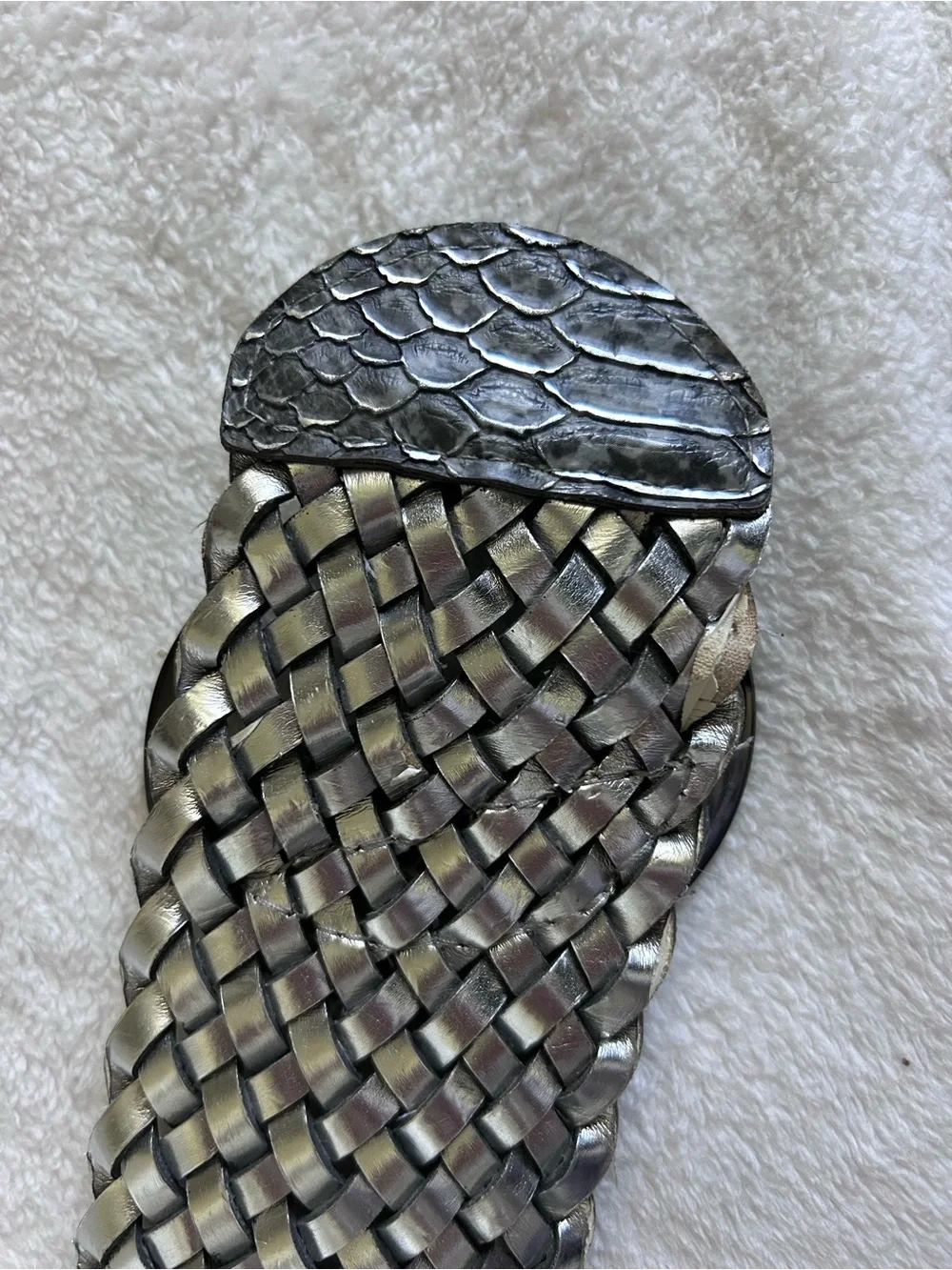 Silver Woven Statement Wide Belt with Oval Buckle Leather Adjustable